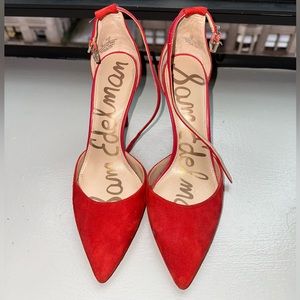 Red suede size 7 Sam Edelman ankle strap pointed toe heels